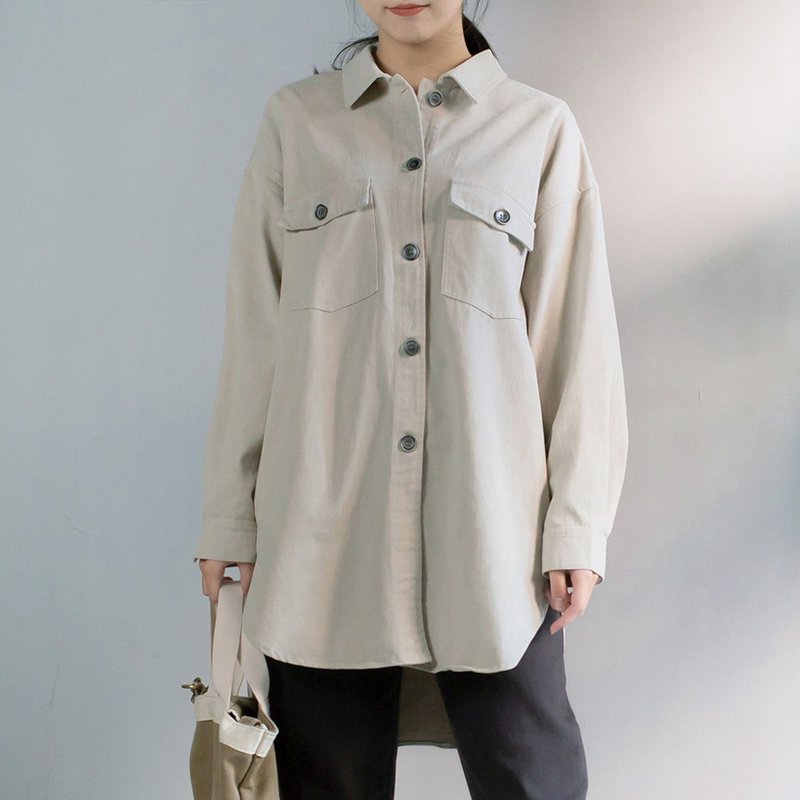 Double pocket buttoned shirt jacket Khaki F - เสื้อแจ็คเก็ต - ผ้าฝ้าย/ผ้าลินิน สีกากี