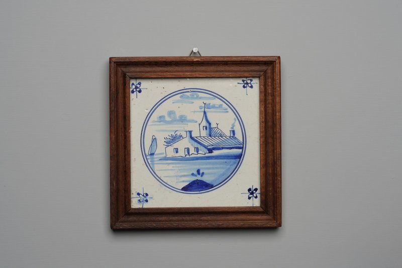 Blue landscape in circle tile (T046)/delft blue/hand-painted /Antiques/vintage - Posters - Pottery Blue
