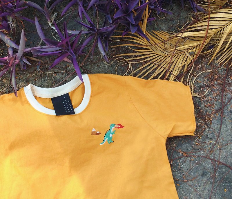 Dinosaur T rex - Embroidery / Yellow mustard  // Short sleeve Top / Shirt【雙 11 限 - 女裝 上衣 - 棉．麻 黃色