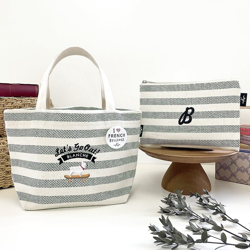 Personalized French bulldog  Takeyari Canvas Mini Tote Bag & Pouch Set - Handbags & Totes - Cotton & Hemp White