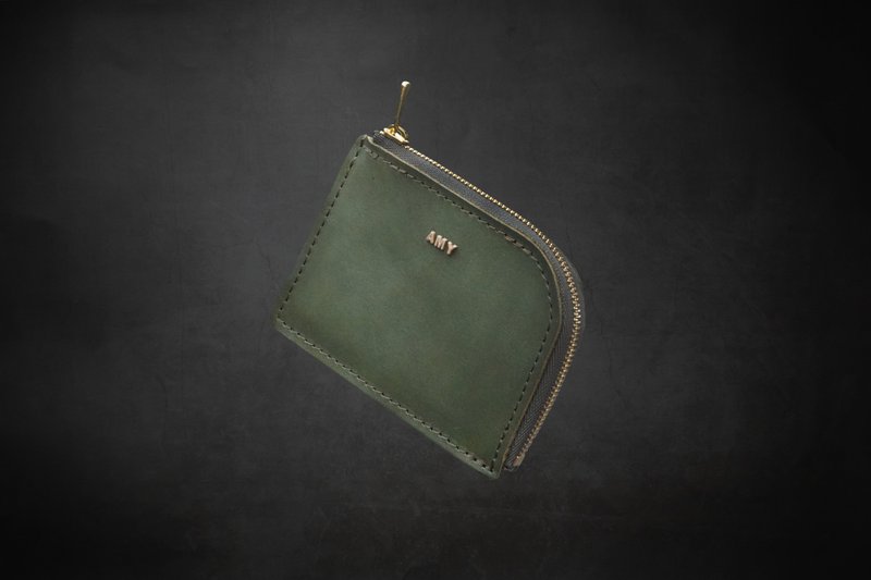 High-end zipper coin purse L clip dark green Christmas gift - Wallets - Genuine Leather Green