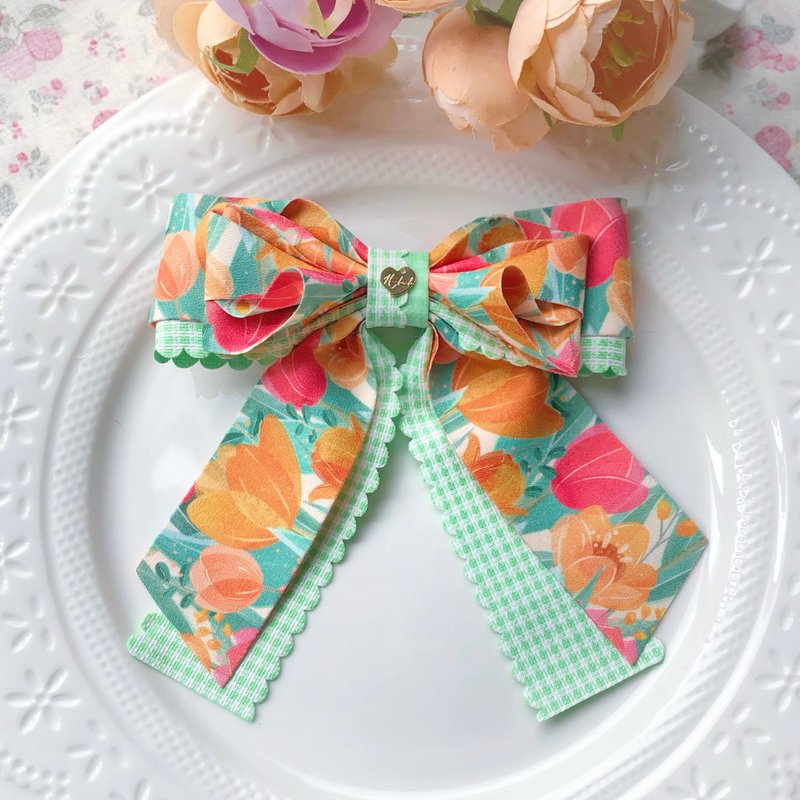 Children's plaid lace long tail bow - Neon Green plaid - Hair Accessories - Other Materials Green