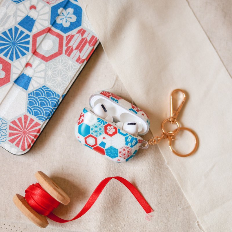 Mount Fuji Hexagonal Tile Series - Red / AIRPODS Case - Headphones & Earbuds Storage - Silicone Blue