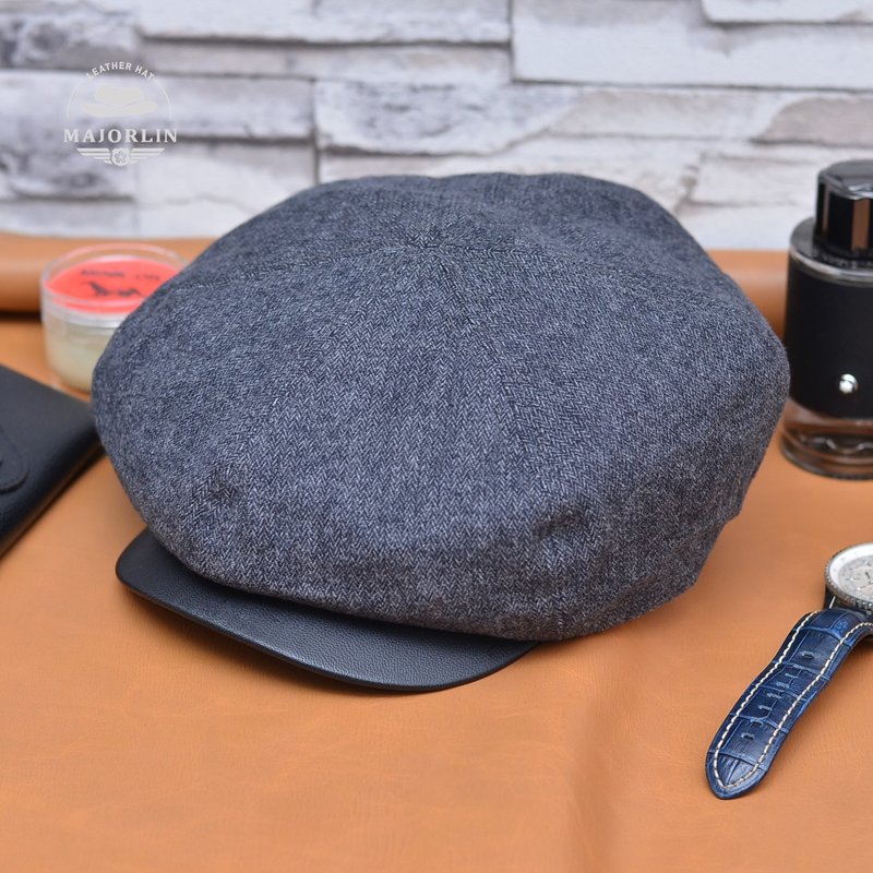 Newsboy hat MAJORLIN Combination of leather and wool fabric European and American star popular leather hat beret - Hats & Caps - Wool Black