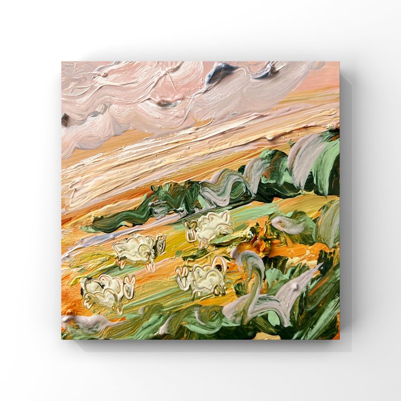 Sunset Tuscany landscape original painting Italian nature sheep grazing artwork - 海報/掛畫/掛布 - 其他材質 多色