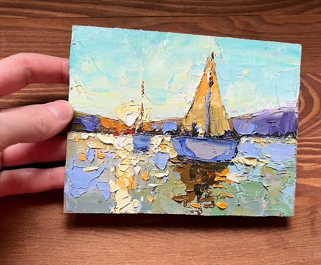 ボートの絵 海の風景 油絵 小さなアート 風景 - ショップ ヴェラーフェ 
