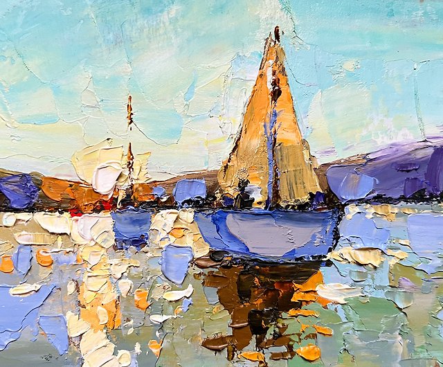 ボートの絵 海の風景 油絵 小さなアート 風景 - ショップ ヴェラーフェ 