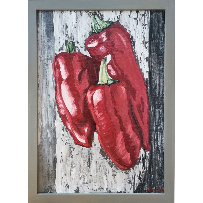 Red Peppers Still Life Original Framed Art Kitchen Painting By RinaArtSK - Wall Décor - Other Materials Multicolor