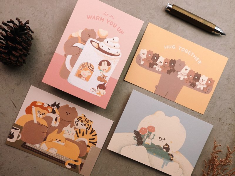 The third generation of Little Yellow Room Illustration Postcards - Bear Hug, Hot Cocoa, Leaning on You, Lonely Island - การ์ด/โปสการ์ด - กระดาษ หลากหลายสี