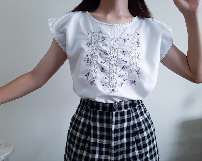 復古白色棉質刺繡襯衫手工鉤針上衣束腰上衣尺寸 M - 女襯衫 - 棉．麻 白色
