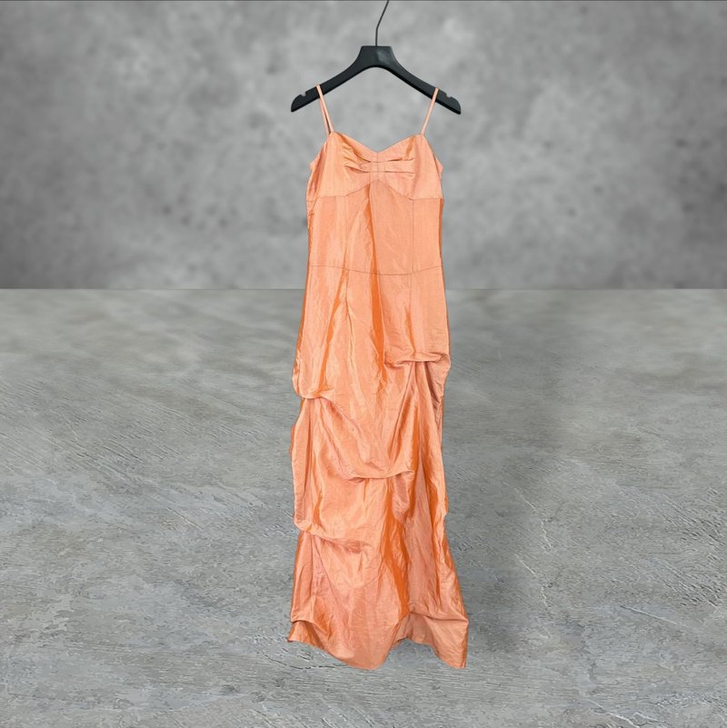 Orange light and glossy irregular wrinkle stitching elastic collar wrinkle milk wrinkle dress PF505 - One Piece Dresses - Polyester Orange