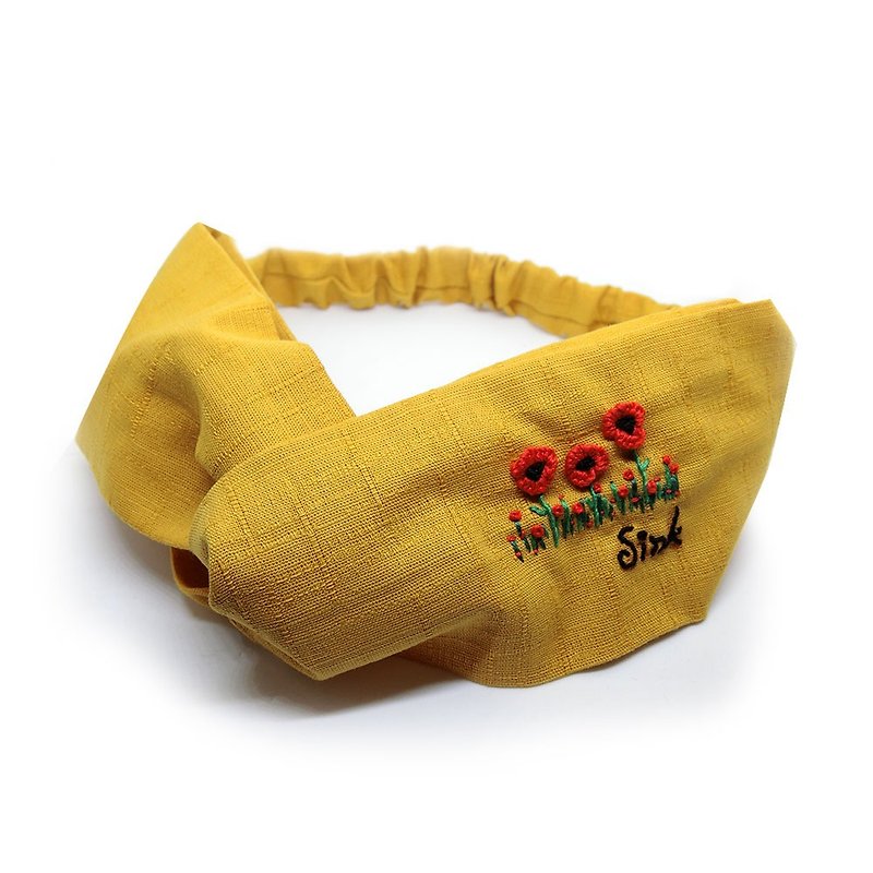 [Shell art products] Poppy flower 100% hand-embroidered headband - ที่คาดผม - ผ้าฝ้าย/ผ้าลินิน สีเหลือง