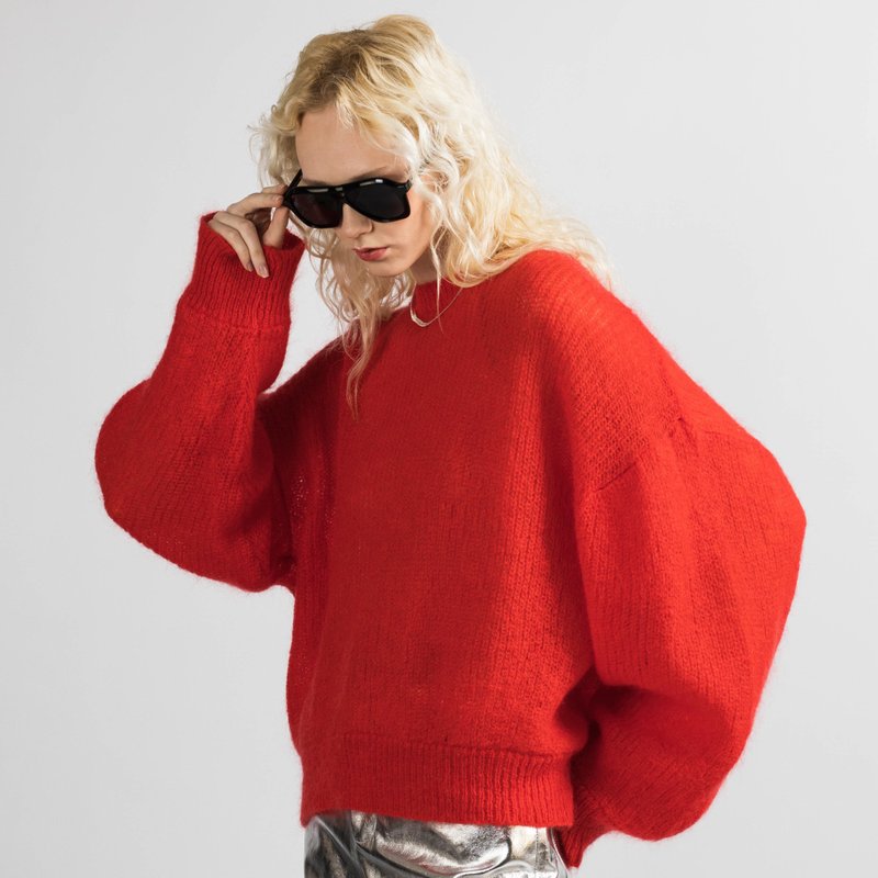 Mohair Sweater, Red Mohair Wool Sweater, Soft Knit Pullover, Round Neck Jumper - 女毛衣/針織衫 - 羊毛 紅色