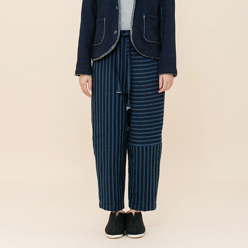 BUFU  traditional Chinese indigo stirpe pants for winter / unisex  P170811 - Women's Pants - Cotton & Hemp Blue