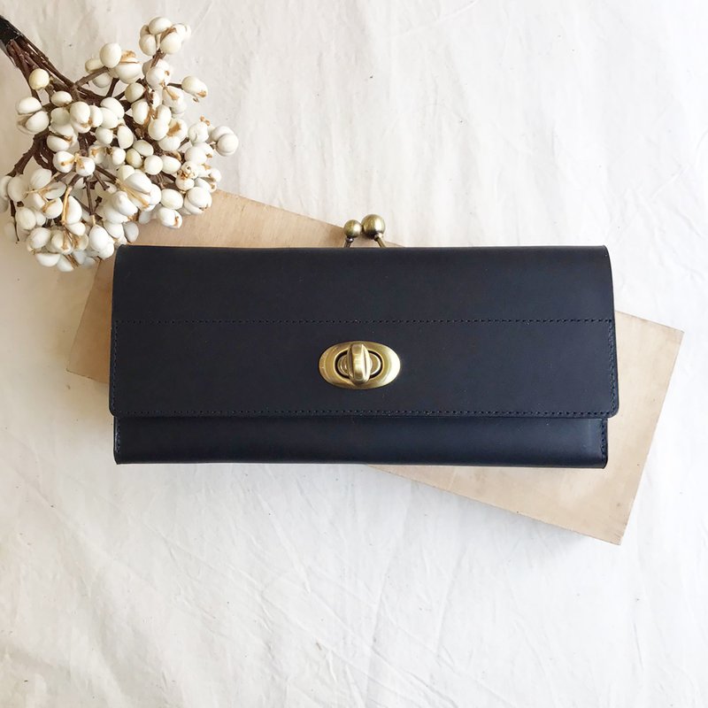 Vegetable Tanned Leather Long Clip_8 Cards 3 Compartments_Mouth Gold Coin Layer_Black - กระเป๋าสตางค์ - หนังแท้ สีดำ