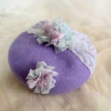 ベレー帽ベレー帽/青リンゴフラワーバスケットウール帽子刺繍