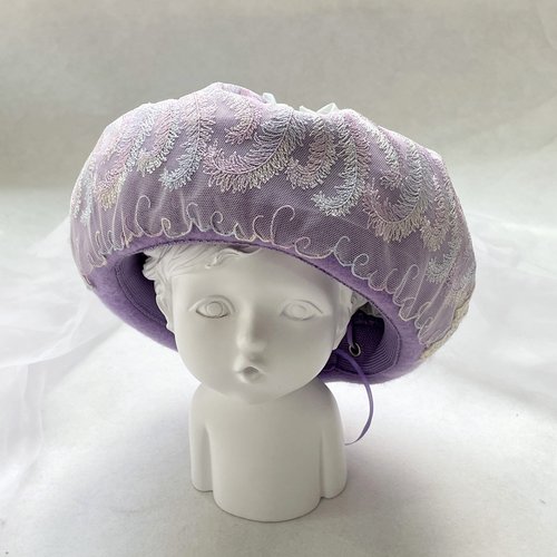 ディムモアール ベレー帽 ヘアゴム ベレー帽 ベレー帽/夢パープル織透けウールハット 刺繍レース