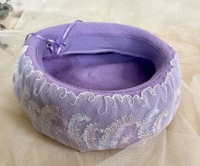 ベレー帽 ベレー帽/夢パープル織透けウールハット 刺繍レース