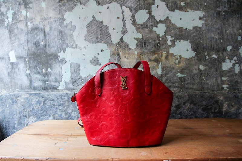 袅袅 department store-Vintage YSL red embossed leather shoulder bag retro - กระเป๋าแมสเซนเจอร์ - หนังแท้ 