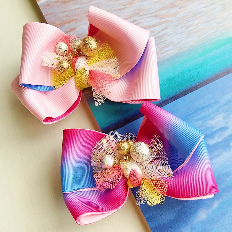Child Kid Hairpin Gradient Gold and Silver Mist Bead Mesh Bow Hairpin - Hair Accessories - Other Materials Blue