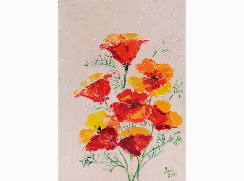 California Poppy Oil Painting Flower Original Art Yellow Poppy Wall Art Impasto - 海報/掛畫/掛布 - 其他材質 橘色