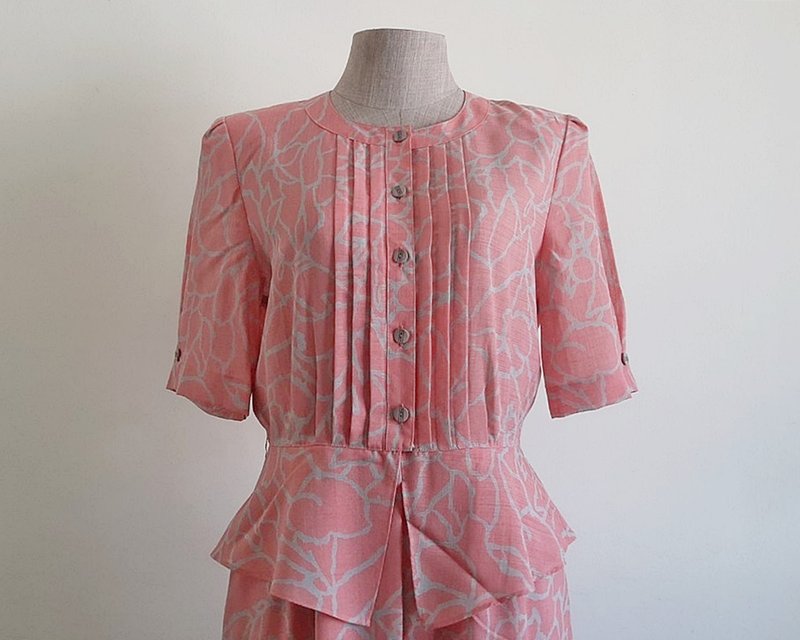 Small Vintage Gray Pink Peplum Dress Womens Abstract Print Dress Midi Dress S - 洋裝/連身裙 - 聚酯纖維 粉紅色