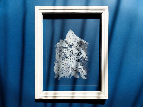 daashart N3 White silver and blue Abstract mountains Monotype print on Plexiglass art
