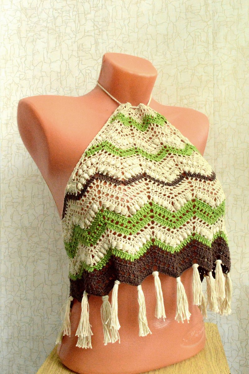Tank top, Crochet T-shirt, Beige knitted beach top - Women's Tops - Cotton & Hemp Khaki