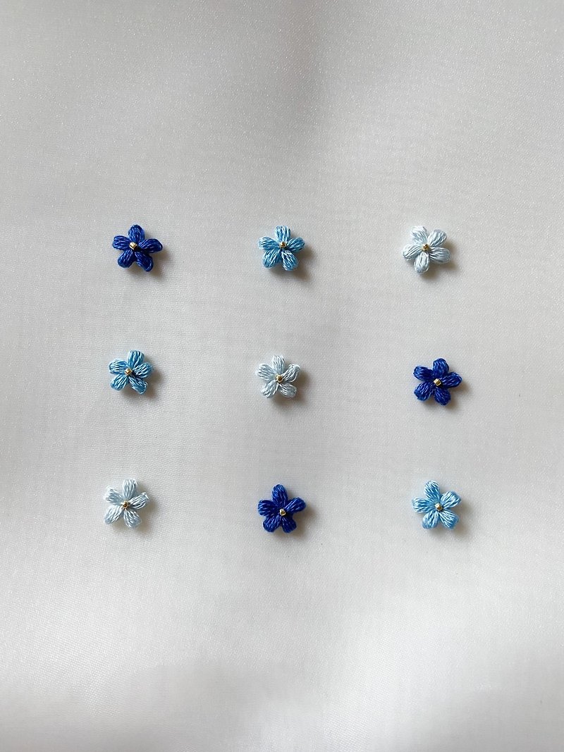 Embroidery thread crochet flower earrings  Blue Line/ Ear Clip - Earrings & Clip-ons - Thread Blue