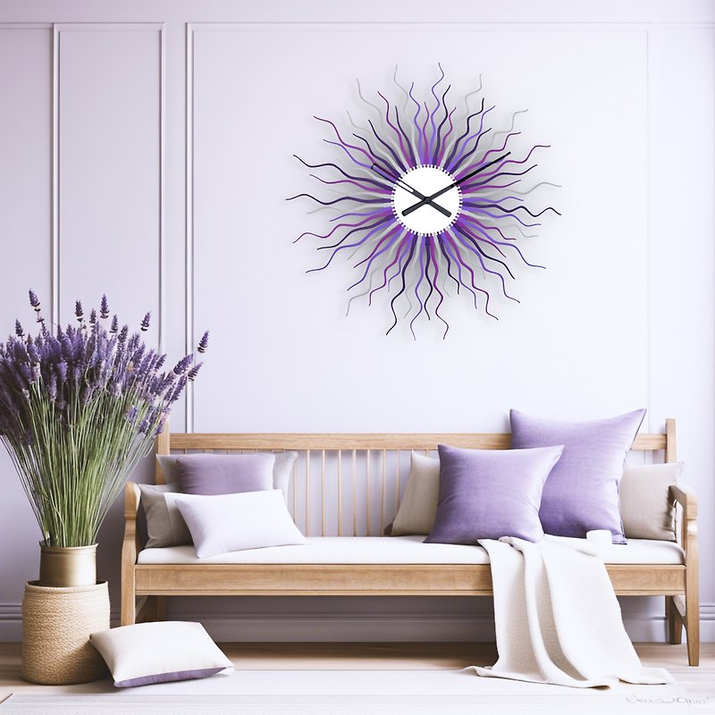 Medusa lavender - organic sunburst wall clock in shades of purple and grey - Clocks - Wood Purple