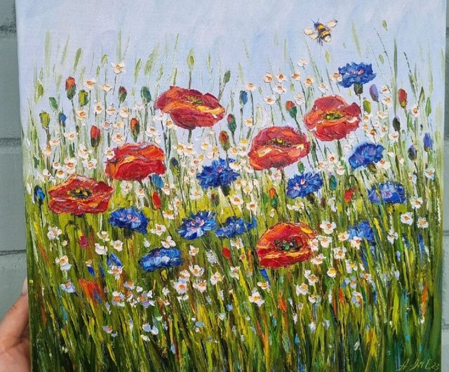 Flowers painting oil on canvas Poppies Wall art Impasto painting