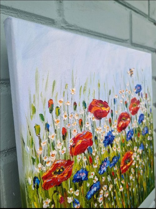 ポピー ヒナギクの油絵 花のアートワーク ポピーの花のデザイン