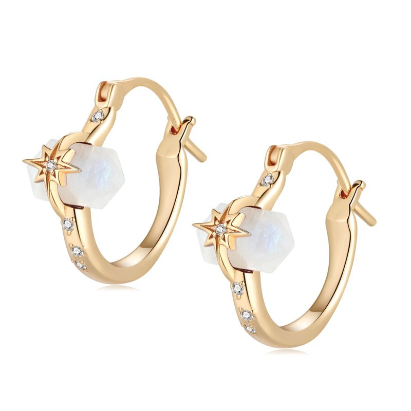 Moonstone Gold Star Huggie Earrings - Magic Stone - Earrings & Clip-ons - Sterling Silver Gold