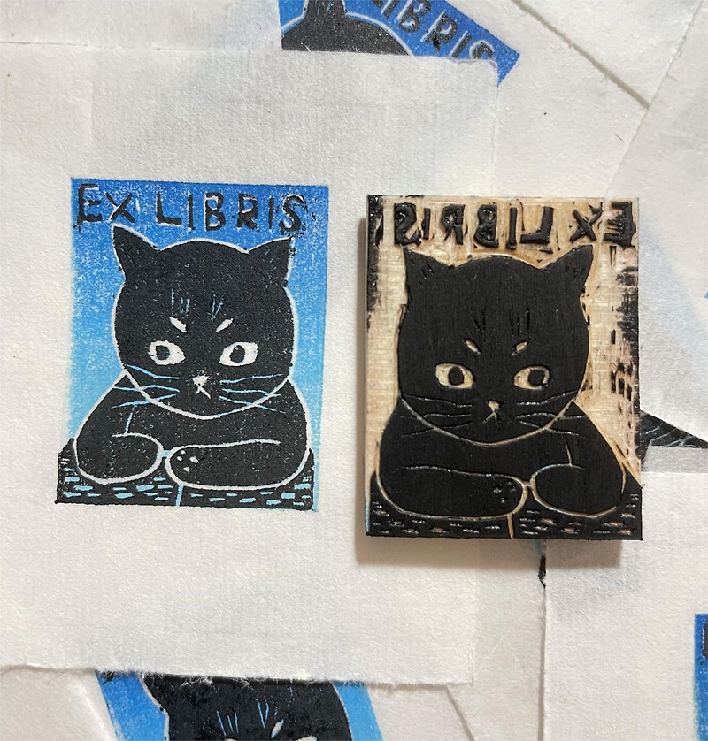 Customized woodcut small prints of cats and cat bookplates, color woodcuts, hand-printed unique decorative paintings of kittens - วาดภาพ/ศิลปะการเขียน - กระดาษ หลากหลายสี
