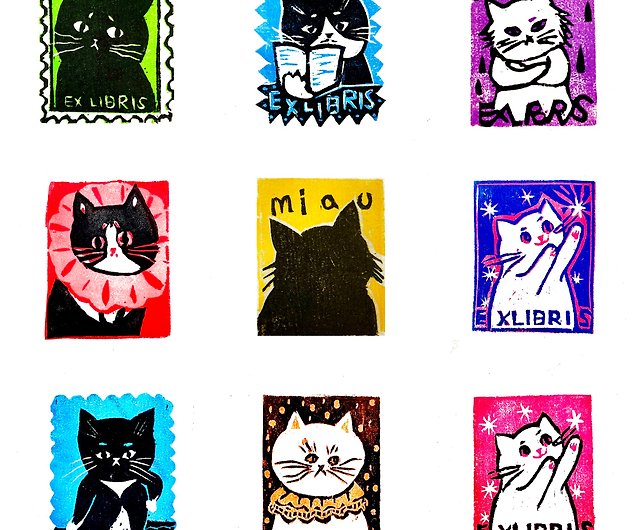 猫と猫の蔵書票のカスタマイズされた木版画、カラー木版画、子猫の手刷りのユニークな装飾画 - ショップ dunan イラスト/絵画/カリグラフィー -  Pinkoi