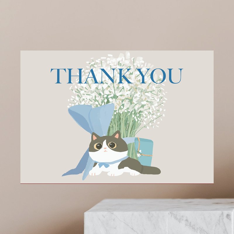 White background tabby cat gypsophila bouquet thank you card universal card blessing small card packaging decoration small card thank you card - การ์ด/โปสการ์ด - กระดาษ 