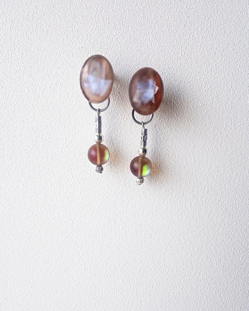 Dew drops-waterlily 2way earrings/ Interchangeable_clear brown Medical steel ear ring Containable ear ring Ear ring - Earrings & Clip-ons - Other Materials Brown