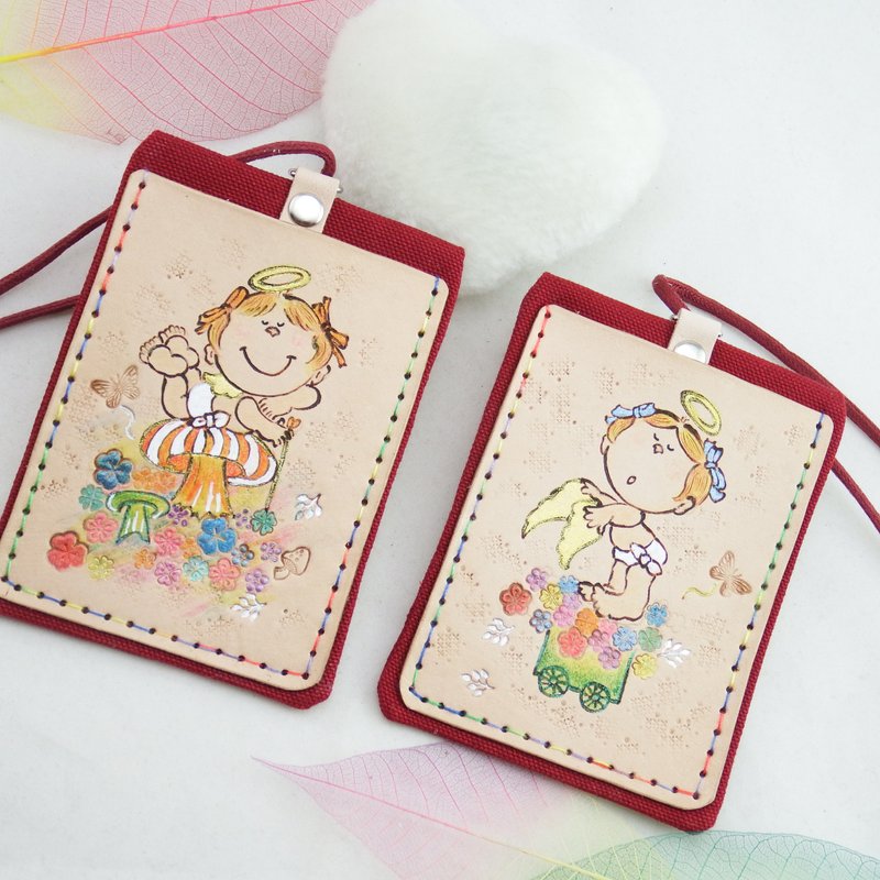 Mushroom Float Naughty Angel Double-layer Leather Canvas Leisure Card Holder Identification Card Holder - ที่ใส่บัตรคล้องคอ - หนังแท้ สีนำ้ตาล