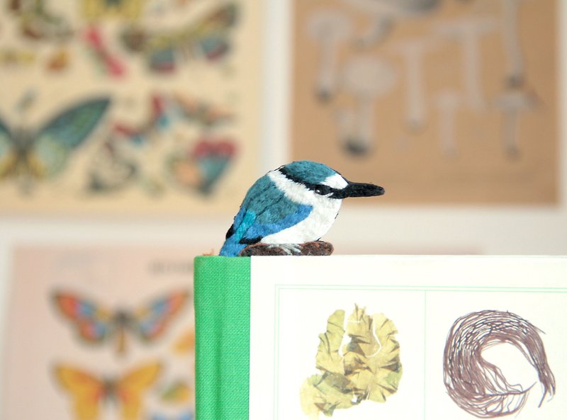 White-collar Kingfisher Wild Bird Embroidery Bookmark - Bookmarks - Thread Blue