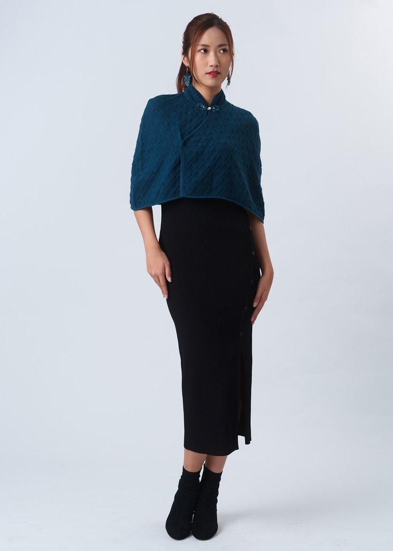 Knitted Qipao Cape w Pankou (Peacock Blue) - Qipao - Cotton & Hemp Blue