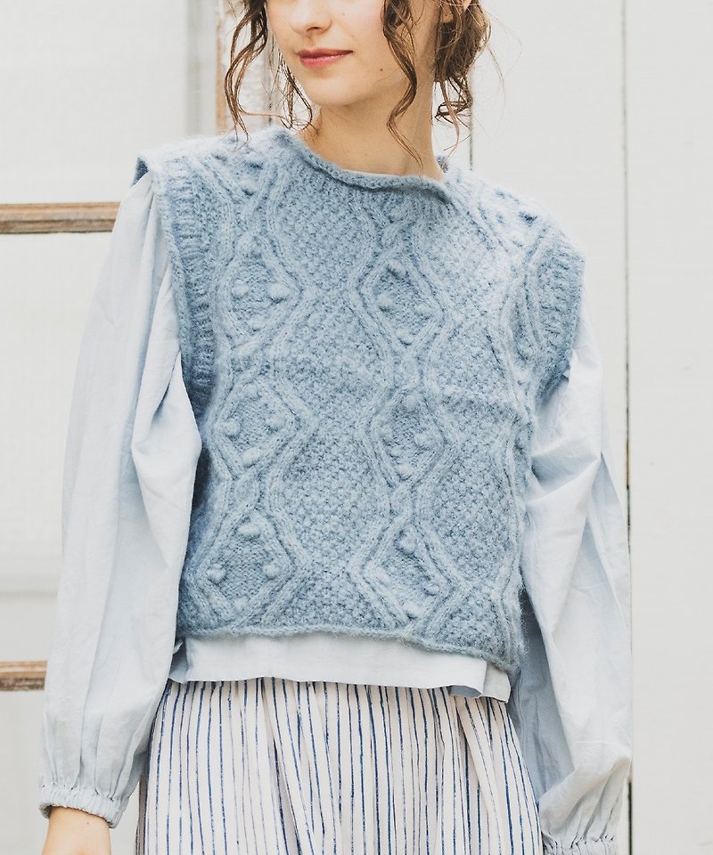 ポンポンケーブルハンドニットベスト - 女毛衣/針織衫 - 羊毛 藍色