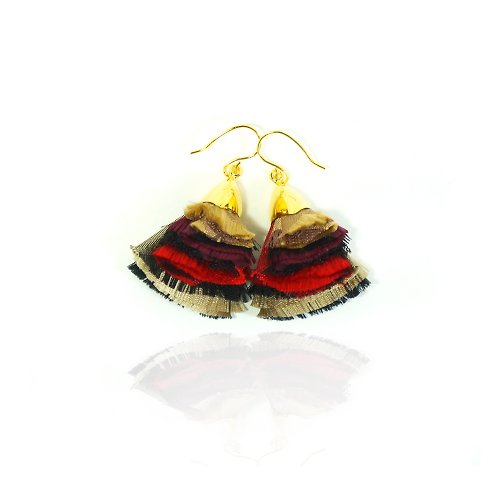 laorr Thai silk Earrings (Size : L) BB collection Red-Brown-Gold