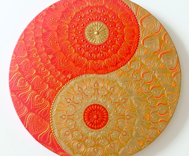 陰陽太極図 ゴールド 赤 鳳凰 ドットマンダラ 30cm - ショップ