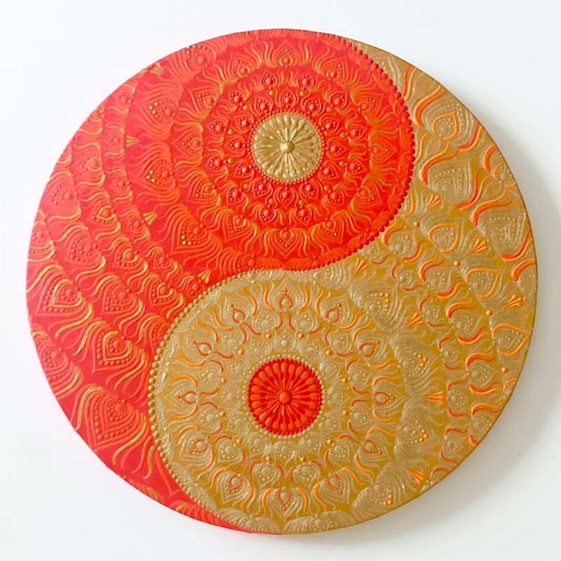 Yin-Yang Taiji Diagram (gold red) Phoenix Dot Mandala 30cm - โปสเตอร์ - ผ้าฝ้าย/ผ้าลินิน สีทอง