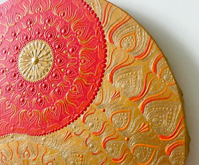 陰陽太極図 ゴールド 赤 鳳凰 ドットマンダラ 30cm - ショップ