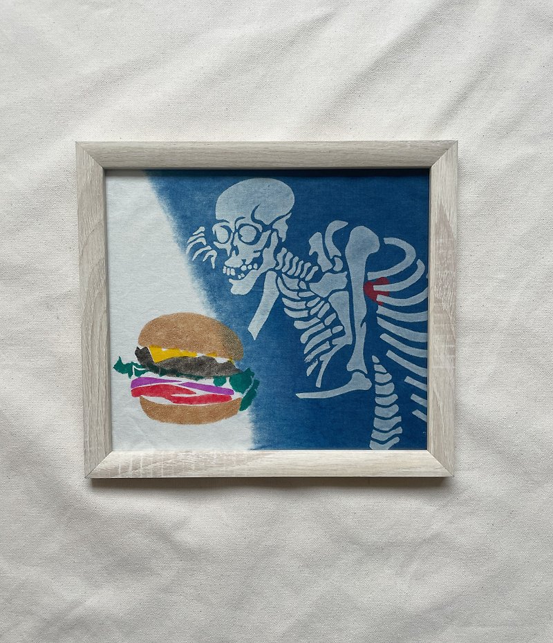 日本製 手染め LOVE Burger Aizome ART Indigo dyed 藍染 型摺り染 Ghost 骸骨 幽霊 - 掛牆畫/海報 - 棉．麻 藍色