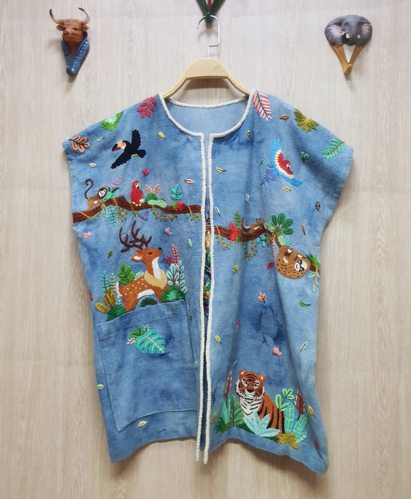 Hand Embroidery Cardigan, Tiger, Deer, Macaw, Toucan Bird, Jungle - Women's Tops - Thread Brown