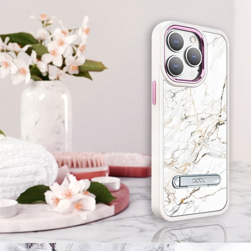 iPhone 14全系列軍規防摔鋁合金鏡頭框立架手機殼-大理石雪藏白 - 手機殼/手機套 - 其他材質 多色