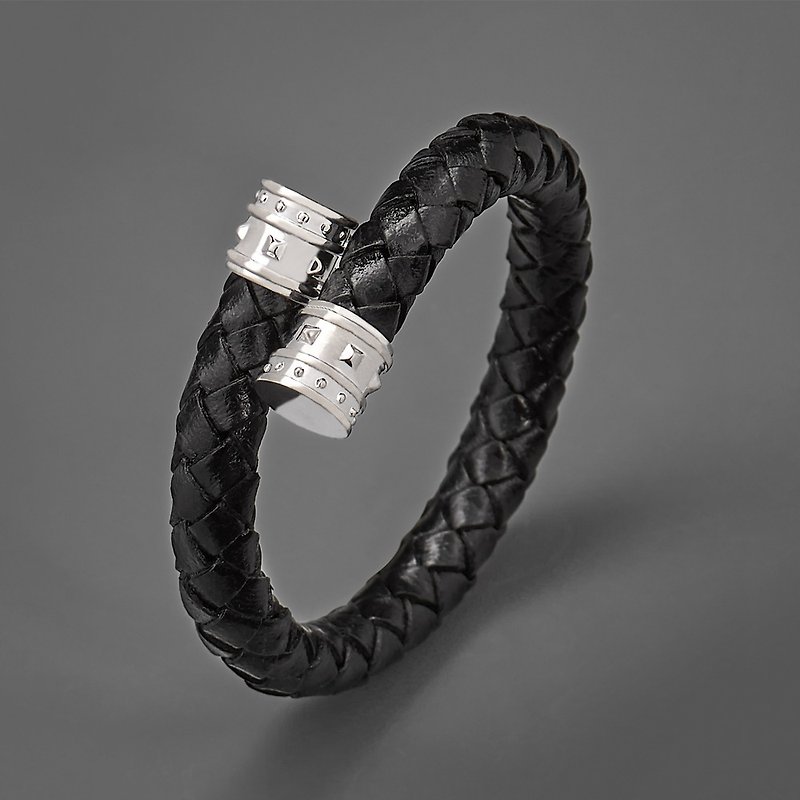 Rivet woven leather cord C-shaped bracelet - Bracelets - Genuine Leather Silver