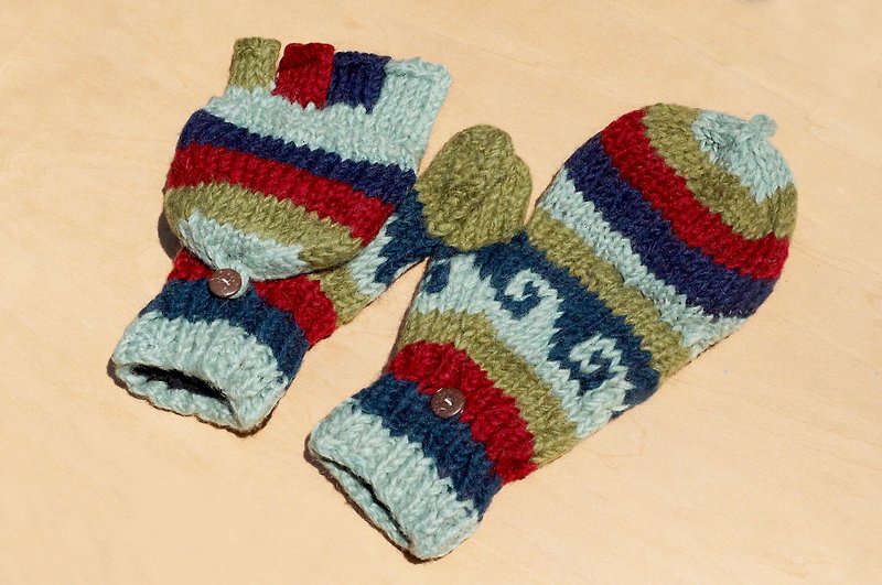 Christmas gift creative gift limited hand-woven pure wool knitted gloves / detachable gloves / warm gloves (made in nepal)-fresh forest childish color - Gloves & Mittens - Wool Multicolor